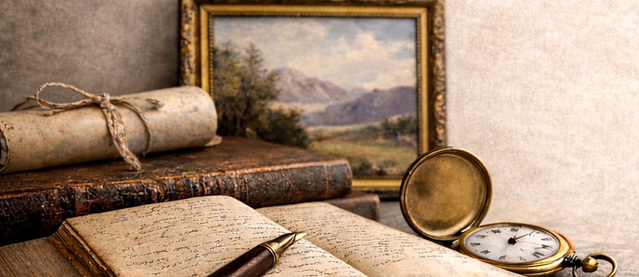 Antique books, documents, painting and pocket watch